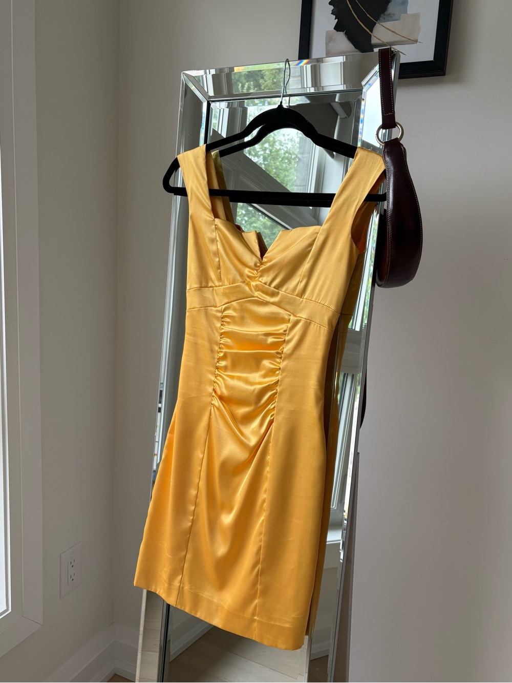 le chateau Yellow Satin Ruched V-Neck Mini Dress